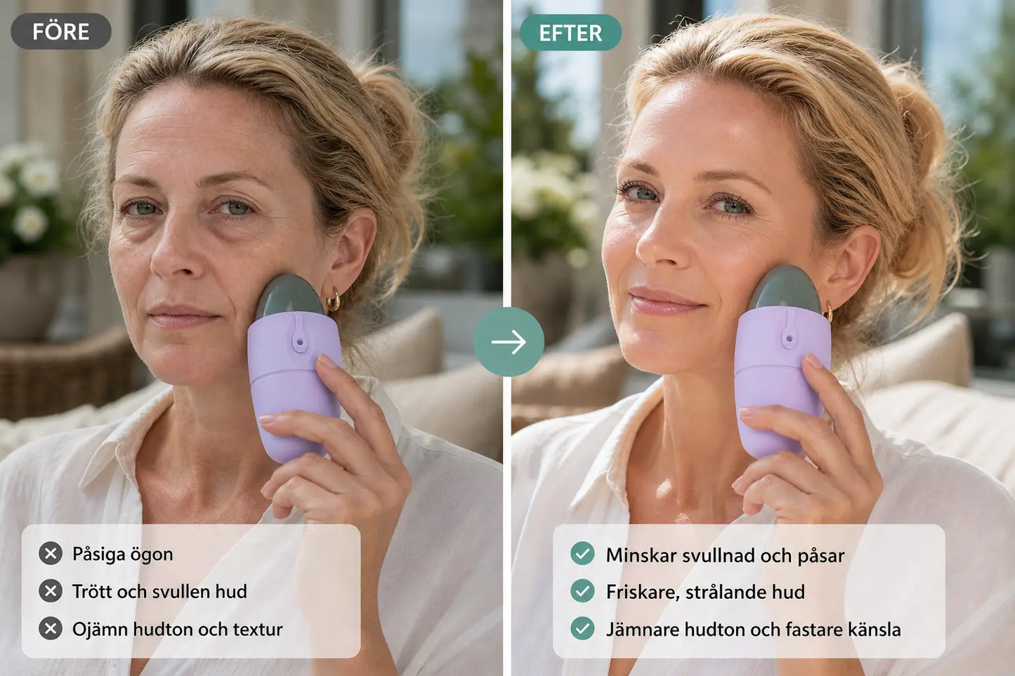 Före och efter användning av Ice Face Roller