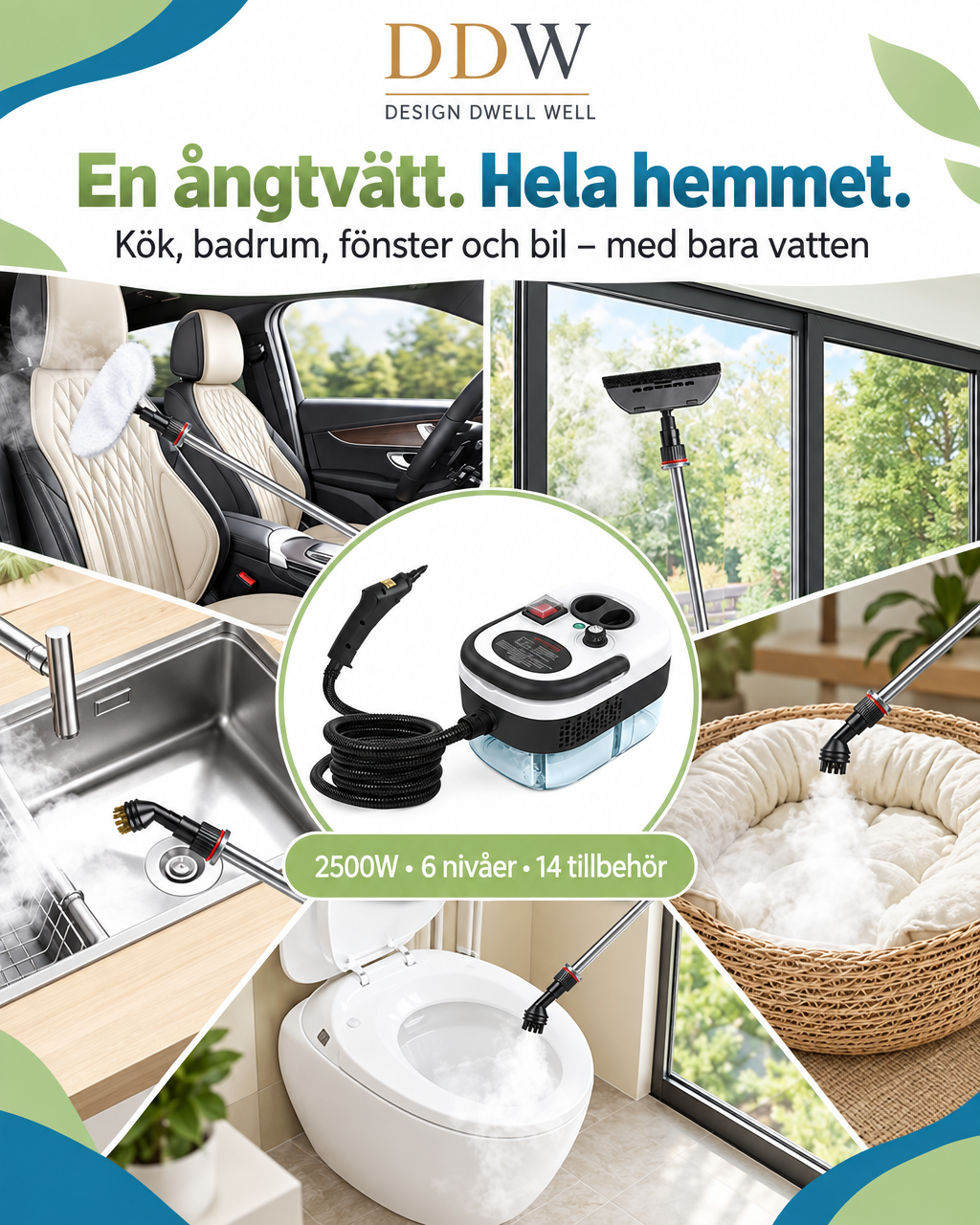 ÅngPro professionell ångtvätt 2500W 14 tillbehör kemikaliefri